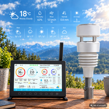HP2000 7-in-1 Wetterstation zeigt Temperatur, Wind und UV-Daten live auf dem Farbdisplay
